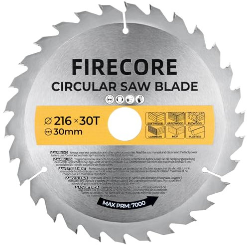 Firecore-Kreissägeblatt 216 mm x 30 Zähne, Trennscheibe für Holz, Kunststoff und anderen Materialien, Kreissägeblätter kompatibel mit Bosch, Makita usw, Sägeblatt aus Hartmetall