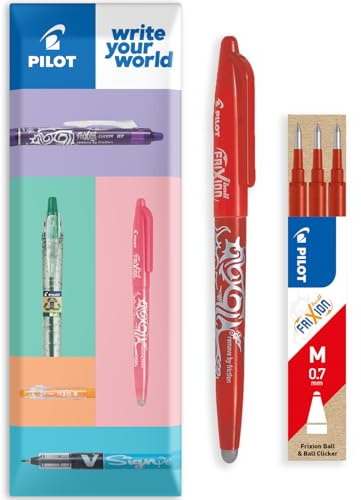 PILOT Frixion hitze-/reibungsradierbarer Tintenroller FR7 - mittlere Linie 0,7 mm Spitze - im Umschlag Geschenkverpackung - Packung mit 1 Stift + 3 Nachfüllungen (Rot)