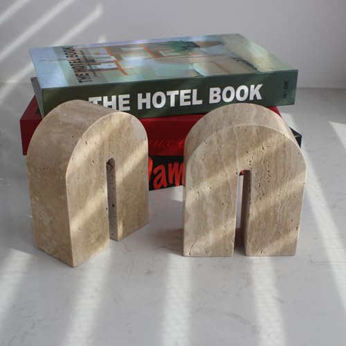 Uppsättning av 2 Natura marmorbokstöd för hyllor, dekorativa bokstöd för tunga böcker, bokstoppare, kontor, bokhylla, dekor för CD-/TV-spel (beige travertine)