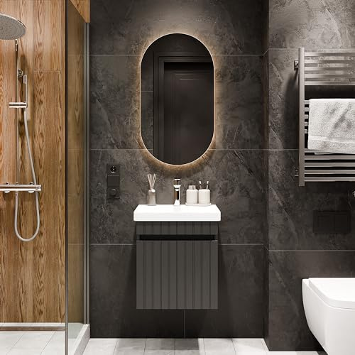 Planetmöbel Cosmia Badmöbel Set Waschbecken mit Unterschrank | 50 x 60 x 35 cm Anthrazit, Spiegel mit Beleuchtung 50 cm, Armatur Badezimmer chrom, Keramik Waschtisch mit Schublade