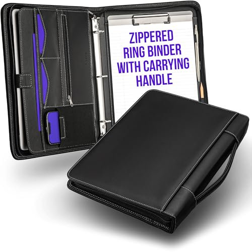 STYLIO Zipper Portfolio Binder with Carrying Handle | Removable 3-Ring Binder (1) w/Clipboard Padfolio | Organizer for Documents, iPad, Tablet, Phone, Notebook| Business Leather Folio for Men Women