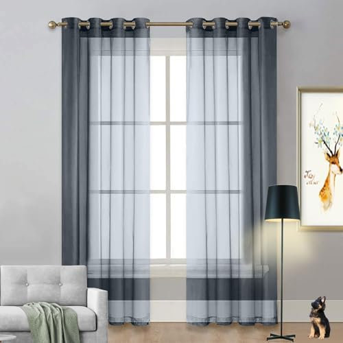 Voile Scheibengardine 75 x 50 cm Polyester, mit Ösen Transparent Querbehang Gardine Durchsichtig Tüllstoff für Küche Wohnzimmer Landhaus, Grau
