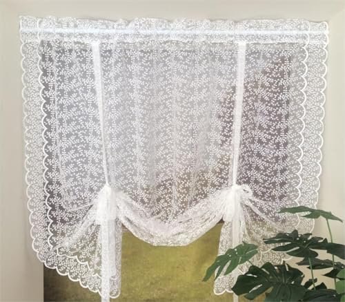 Vordesack Stickerei Raffrollo mit Spitzen Design zarte durchscheinende Gardine in Küche, Wohnzummer Landhausstil Bindegardine mit Tunnelzug 1 Stück Weiß HxB 120x130cm