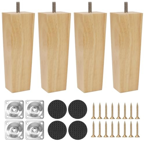 Luabue 4PCS Holz Tischbeine Möbelfüße 15cm Holzfüße Möbelbeine Quadratische | Massivholz Sofafüße Holzfarbe für Bett Stuhl Tisch Möbel Sofa Schrank Couch mit Montageplatten & Schrauben