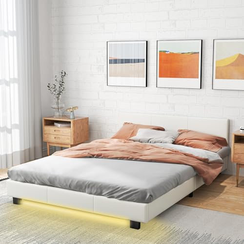 COSTWAY 140 x 200 cm Bett mit LED Beleuchtung, Polsterbett Bettrahmen mit Lattenrost, Doppelbett Bettgestell mit Kopfteil aus Kunstleder (Weiß)