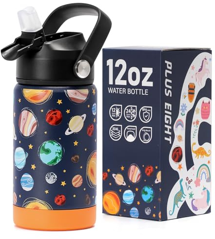 pluseight - Botella de agua con aislamiento para niños con tapa con pajita, 355 ml, libre de BPA, vaso de acero inoxidable de doble pared con aislamiento al vacío, 18/8, a prueba de fugas, tazas para