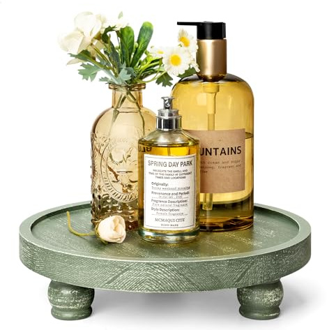 EOSAHR Farmhouse Pine Wood Riser for Home Decor – Round Pedestal Stand for Coffee Table & Kitchen Sink – Stylish Display Stand for Dish Soap Dispenser, Candles, Plants and Cupcakes (Green)