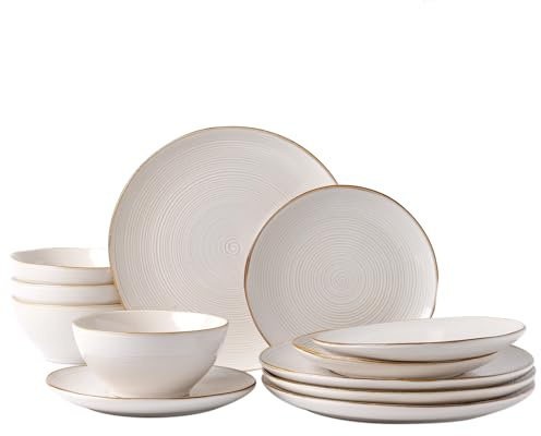 Richmount Tempus 12-Piece Dinner Set, Irregularly Shaped Swirl Stoneware Plates and Bowls Set, Dinner Sets for 4, Dinner Plates/Dessert Plate/Soup Bowl, Glazed Ceramic Dinnerware Sets, Light Cream