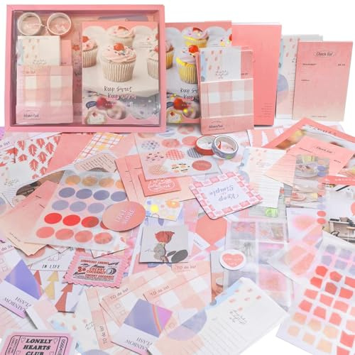 ROEOWENE 410 PCS Scrapbook Zubehör Journal Sticker DIY für Teenager-Rosa | Set Vintage Scrapbooking Bastelpapier Aesthetic Notizbuch Bastelset Tagebuch Weihnachten Geschenke