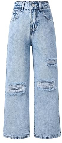 Happy Cherry Filles Jeans Jambe Large Enfants Mode Déchiré Troué Jean Élastique Taille Bleu Denim Pantalon Large avec Poches, 9-10 Ans