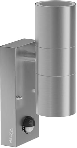 Oktaplex Chile Edelstahl Außenlampe mit Bewegungsmelder 230V Silber IP44 | 2x GU10 Fassung, Up and Down Wandleuchte, Outdoor Lampe