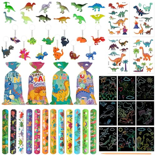 Gadget Dinosauri Compleanno, 100 Pcs Regalini Fine Festa, Kit Festa Dinosauri Regalo con Dinosauri Braccialetti Slap Portachiavi Sacchetti Regalo Dinosauri Luminosi Scratchbook Tatuaggi Temporanei