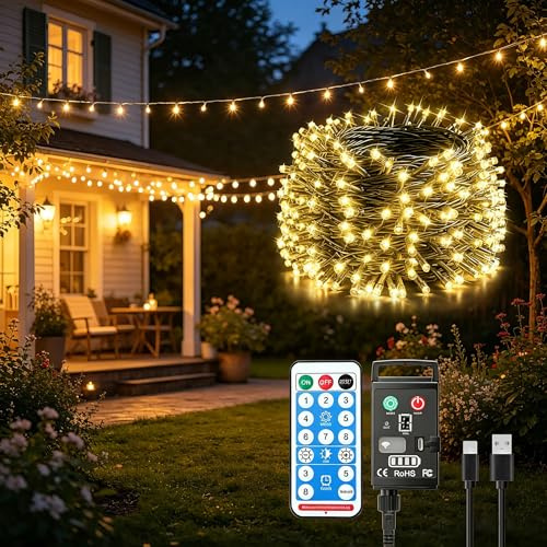 Guijiyi Led Lichterkette Außen Batterie, 20m 200LED Lichterkette Outdoor Batterie, 8 Modi IP44 Wasserdicht Lichterkette Akku USB Aufladbar mit Fernbedienung Timer für Innen Weihnachten Garten Party