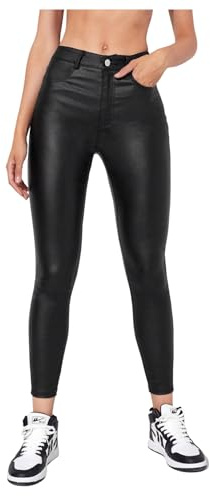 GORGLITTER Leggings for Women UK PU Leather Mid Waist Stretchy Skinny Streetwear Trousers with Pocket Black X-Large