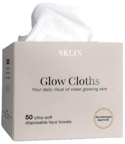 Disposable Face Cloths | SKLIN Glow Cloths – 50 count | Luxury Single-Use Face Towels | Dermatologist Approved | 100% Plant-Based Viscose | Sensitive & Acne-Prone Skin | UK Brand