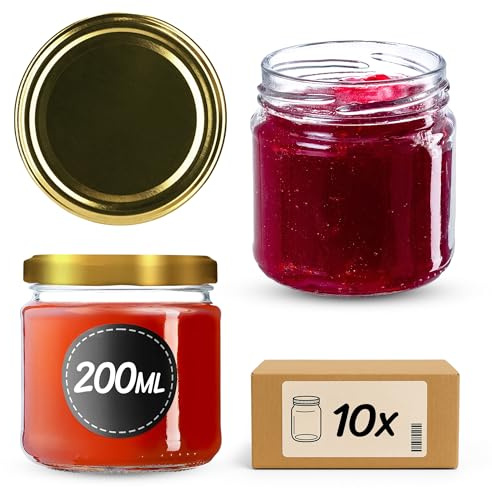 KADAX 10er Set Einmachgläser 200ml Ø66mm Gold – für Marmelade, Honig, Gewürze, Dessert | mit Schraubdeckel, luftdicht & spülmaschinenfest | Vorratsgläser zum Einkochen