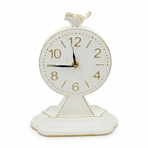 Vintage 10-Inch Cream White Table Clock with Bird Sculpture, Rustic Wall Cupboard Inspired Design, Silent Non-Ticking Battery Operated Desk & Shelf Clock for Farmhouse, Office, Mantel