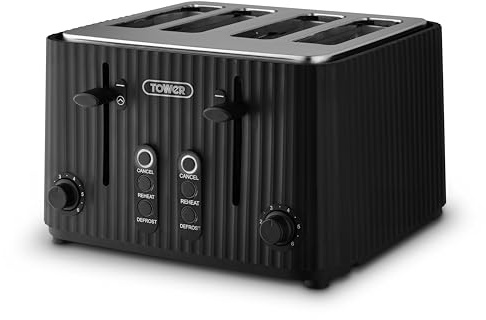 Tower ECOFORM 900W 4 Slice Toaster, Made from Recycled Plastic, 6 Browning Levels, Independent Dial Controls, Defrost/Reheat/Cancel Functions, Self-Centring Function, Black, T20103BLK