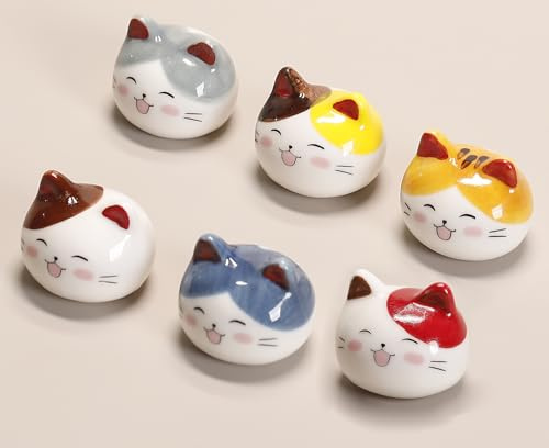 6 Pcs Japanese Style Cute Cat Head Ceramic Chopstick Rest, Cartoon Kitty Chopsticks Holder, Adorable Tableware Accessories for Stylish Table Decor & Photo Props