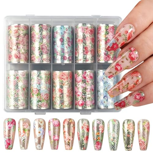 Cesujowaz nagelklistermärken blomset, 12 rullar nagelklistermärken överföringsfolie för vår sommar, nagelklistermärken självhäftande design för nagelkonst och manikyr