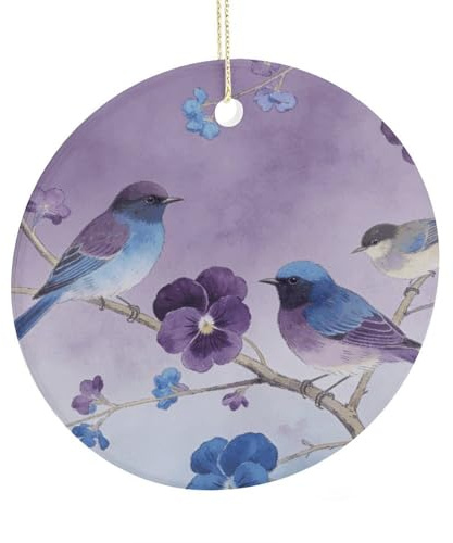 Pansy Purple Oxford Blue Branches Birds Flowers Round Ceramic Pendant Hanging Festival Ornament, Personalized Double Sided Ceramic Home Decor, Lightweight Durable Hanging Ornament Gift for Home, Party