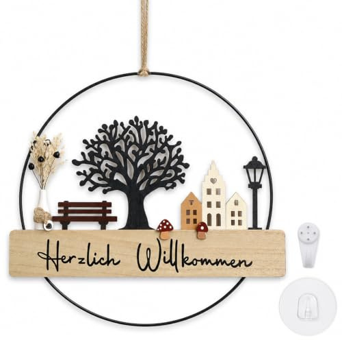 Willkommensschild Haustür ø28cm Türkranz Herzlich Willkommen Trockenblumen | Personalisiert Dekokranz mit Willkommensschild Trockenblumen Lebensbaum und Haus für Haupttore Eingänge Gärten Fensterdeko