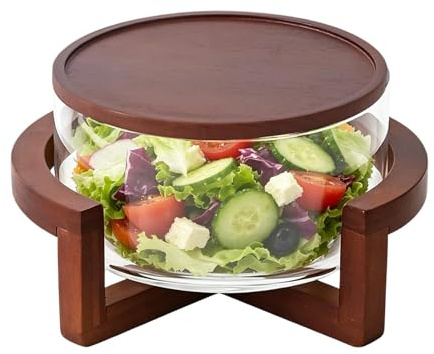 Generico Insalatiera in con base e coperchio in legno – da portata extra large da 1800 ml, supporto in legno di acacia per pasta party alla frutta, lavabile in lavastoviglie
