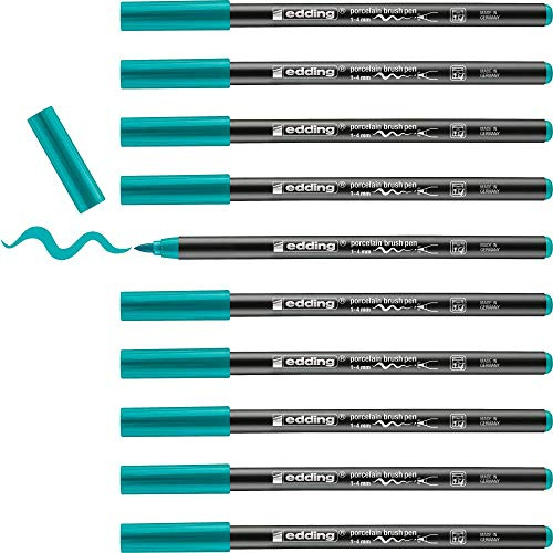 edding 4200 Porzellanpinselstift - türkis - 10 Stifte - Pinselspitze 1-4 mm - Filzstift zum Beschriften u. Dekorieren von Keramik, Porzellan - spülmaschinenfest, lichtechte Tinte, schnell trocknend