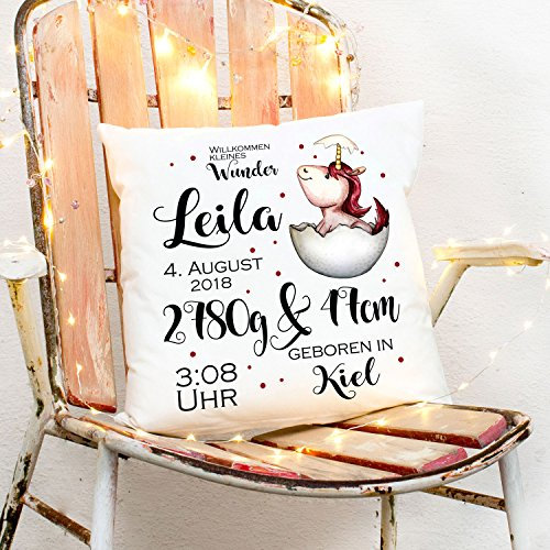 ilka parey wandtattoo-welt Kissen mit Geburtsdaten Babykissen Mädchen Dekokissen mit Einhorn Punkte Name & Größe Spruchkissen ks156
