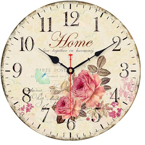 VIKMARI Vintage Wanduhr 34cm Landhausstil - Leise Ohne Ticken, für Küche | MDF-Holz im Blumen-Design & arabische Ziffern. Die leise Uhr ist eine ideale Deko für Wohnzimmer, Schlafzimmer & Büro.