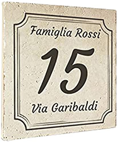 Numero Civico Personalizzato su Mattonella effetto Botticino - Numero Civico da Esterno Casa Personalizzabile con Via e Famiglia - Dimensioni 15 x15 cm