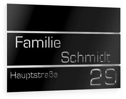 Graviers Design Plaque Numéro de Maison et Nom | Chiffres et lettres personnalisables | 215 x 150 mm Noir | Acier inoxydable | Fabriqué en Allemagne
