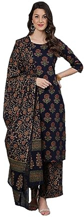 Kurta-Set für Damen, ethnisches Designer, indisches Partykleidung, Kurti-Top, Tunika mit Palazzos oder Hose, Senf und Schwarz, Medium