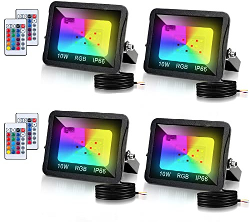 Tubiaz 4pack Projecteurs LED RGB 10W Intérieur et Extérieur Multicolore, RGB Spot LED de Couleur Avec Télécommande, 16 Couleurs 4 Modes Étanchéité IP66, Fonction Mémoire(pas de prise)