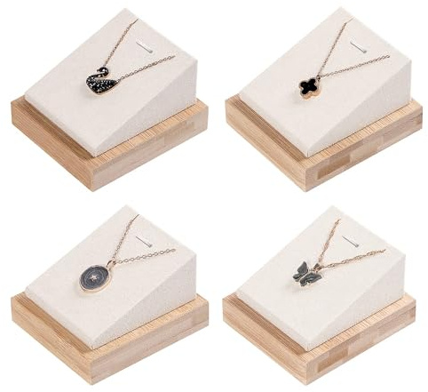 Coward 4Pcs Bamboo Necklace Holder Organizer Pendant Jewelry Dispaly Stand for Selling Pandent Rack for Home Bedroom Drawer (Beige Velvet)