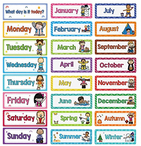 Lachilly 24 Pcs, 3 Themes Days of The Week/Seasonal/Months of The Year Flash Cards Subject Titles for Bulletin Board Headliners Classroom Decoration English Words