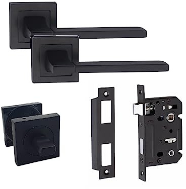 Golden Grace Aztec Straight Door Handles 64mm Bathroom Lock, Matt Black | Includes a thumbturn, spindles, and fixing screws for a hassle-free setup, providing a sleek matt black look on metal.