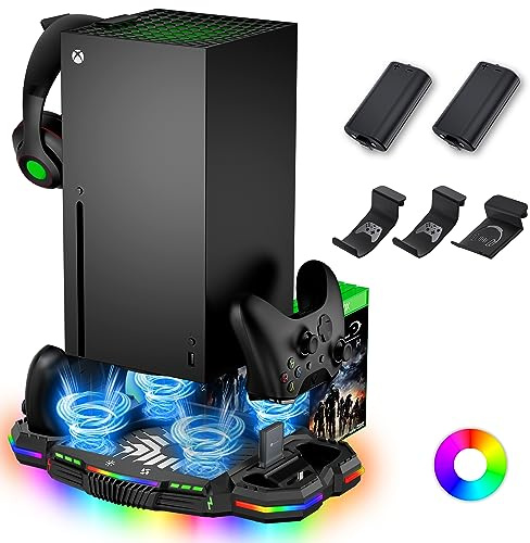 Support de refroidissement avec station de charge pour manette pour Xbox Series X, ZAONOOL Double station de charge et ventilateur de refroidissement pour accessoires de console avec 12 lumières RVB,