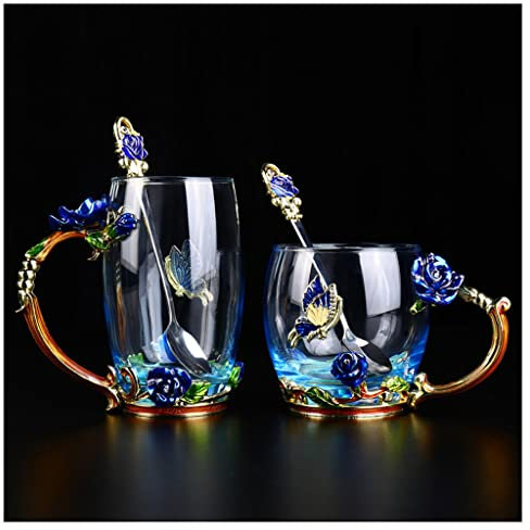 Tazzine Caffè Tazza da Caffè Tazza di Tè Tazza da caffè in vetro con farfalla fatta a mano con fiori di rosa, tazze da caffè con cucchiaio, regalo di nozze di compleanno per le donne Tazzine di Caffe