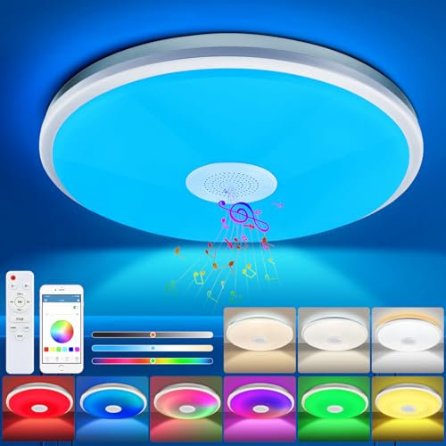 Plafoniera Led Soffitto Moderna, 48W Lampadario Soggiorno con Altoparlante Bluetooth, RGB Lampada da Soffitto con Telecomando e Controllo APP per Bagno, Camera da Letto, Soggiorno, Cucina