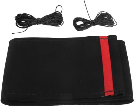 A ABSOPRO DIY Lenkradbezug Schwarz Rot 1x Für Auto Handgenäht Wildleder | Durchmesser 32-35cm, Breite 10.5cm, Schwarze Nähte, 2 Nadeln, 2 Fäden, Ersatz Für Abgenutztes Lenkrad, DIY Nähset