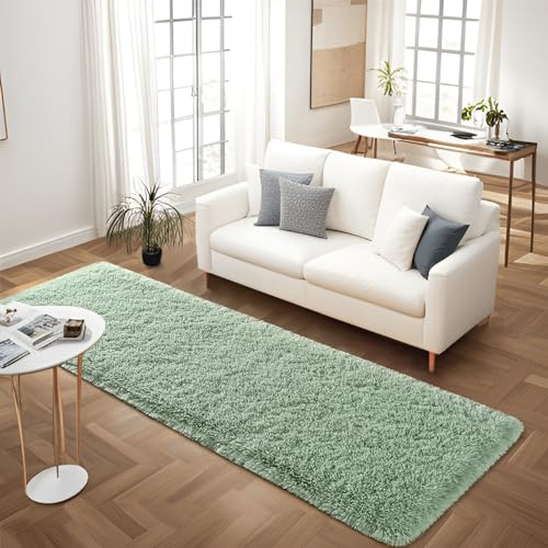 FALARK Weicher grüner Läufer für Schlafzimmer, 60 x 122 cm, Bettvorleger, Plüsch, flauschig, moderner Teppich, Teppich für Wohnzimmer, Mädchen, Kinderzimmer, Heimdekoration, Grün