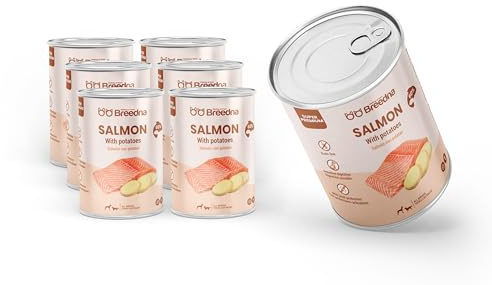 BREEDNA - Pack 6 Latas 400gr Alimento Húmedo Salmón con Patatas | 60% Carne de Salmón | para Perros Jóvenes y Adultos de Todas Las Razas | Comida Hipoalergénica sin Cereales para Digestión Óptima