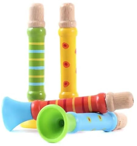 GICO Pfeife für Kinder aus Holz Mitgebsel 4 Trompeten farbig Sortiert - Tröten aus Holz - 7940