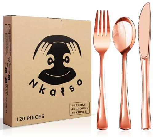 Nkaiso 120 Stück Roségold Wiederverwendbares Besteck | 40 Gabeln, Messer & Löffel, Wiederverwendbar Bestecksets für Familienfeiern,Outdoor Dinner
