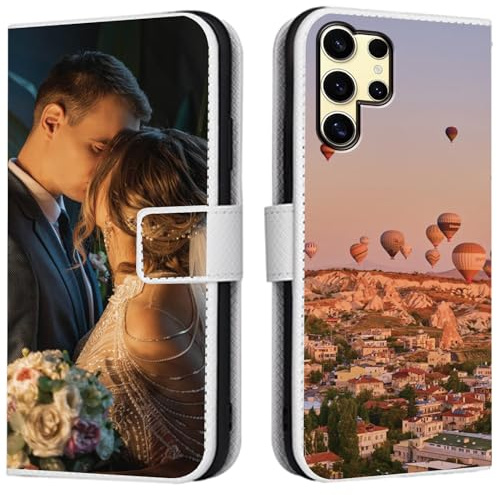 CAXKJE Lederhülle für Samsung Galaxy S23 Ultra Personalisierte Handy Hülle,mit Eigenem Foto Bild Text Individuelle Schutzhülle,Leder Flip Case Schutzhülle Stoßfest Hülle -SAMHD-White