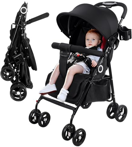 Vinteky Kinderwagen Buggy 4 bis 25 kg, Kinderbuggy Klein Zusammenklappbar, mit Liegefunktion, 5-Punkt-Sicherheitsgurt ab 6 Monate, Schwarz, Großer Korb, Schwarz