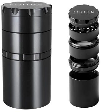 TIRIRS 2 Zoll 5 Stück Kräutermühle mit großem Stauraum - Aluminium Große Gewürzmühle mit Pollenschaber und Reinigungsbürste, Magnetoberfläche, Gummidichteter O-Ring, Schwarz