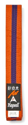 Playwell Martial Arts Baumwollgürtel mit verschiedenen farbigen Streifen – (Karate, Judo Taekwondo), Oranger Gürtel mit violetten Streifen, 220cm