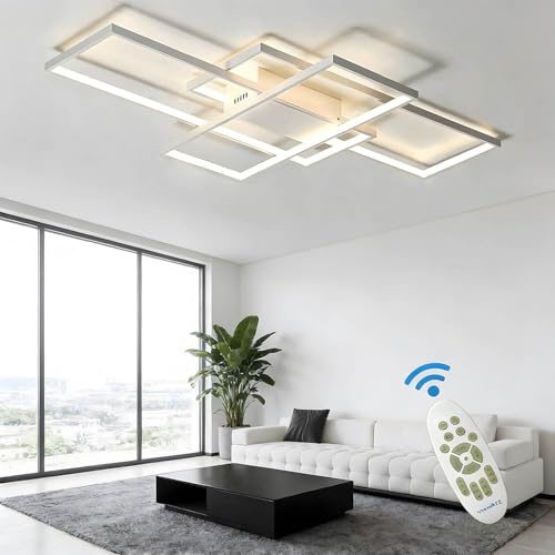 ACJK LED Deckenleuchte Wohnzimmer 82W 8200 lm, Dimmbar 3000K–6000K mit Fernbedienung, Moderne Geometrische Deckenlampe 105 cm, Weiß